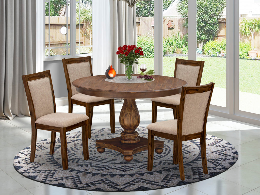 F2MZ5-NKF Versatile Dining Set with Circular Table & 4 Upholstered Chairs in Light Tan Linen