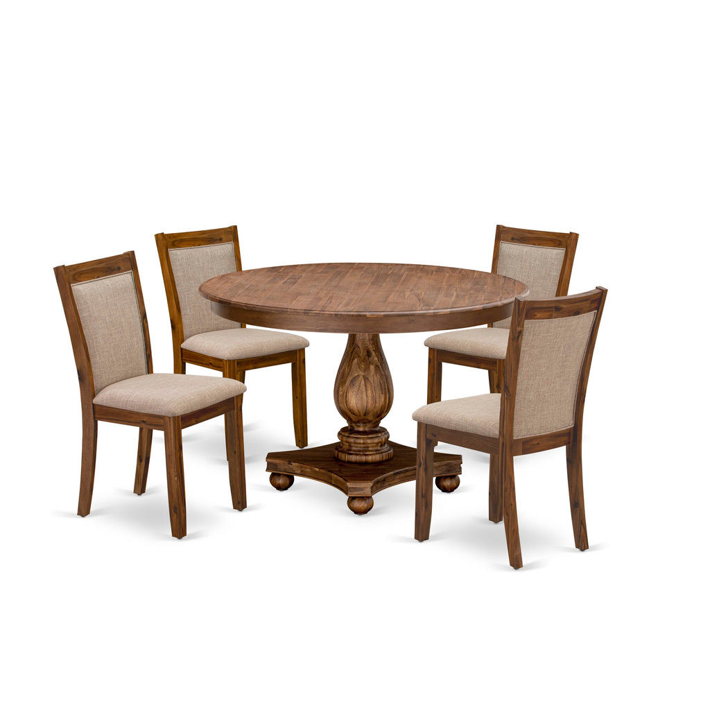 F2MZ5-NKF Versatile Dining Set with Circular Table & 4 Upholstered Chairs in Light Tan Linen