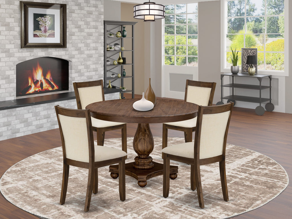 F2MZ5-QI-B9 5-Piece Dining Ensemble with Round Pedestal Table and Light Beige Fabric Parson Chairs, 48 Sandblasting Antique Walnut