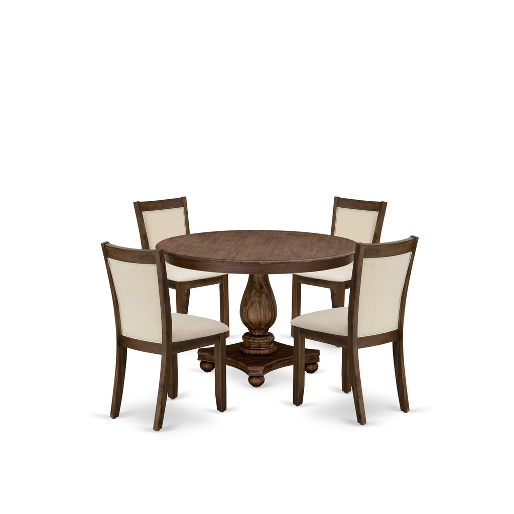F2MZ5-QI-B9 5-Piece Dining Ensemble with Round Pedestal Table and Light Beige Fabric Parson Chairs, 48 Sandblasting Antique Walnut
