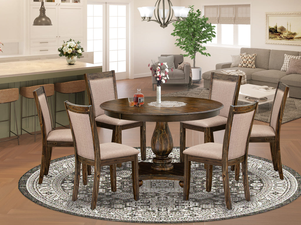 F2MZ7-WX9 Exquisite 7-Piece Round Dining Set with Pedestal Table and Khaki Upholstered Chairs, Distressed Jacobean
