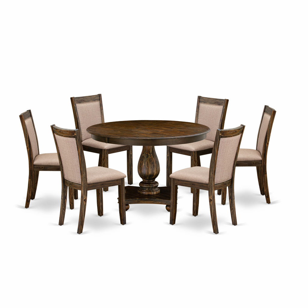 F2MZ7-WX9 Exquisite 7-Piece Round Dining Set with Pedestal Table and Khaki Upholstered Chairs, Distressed Jacobean