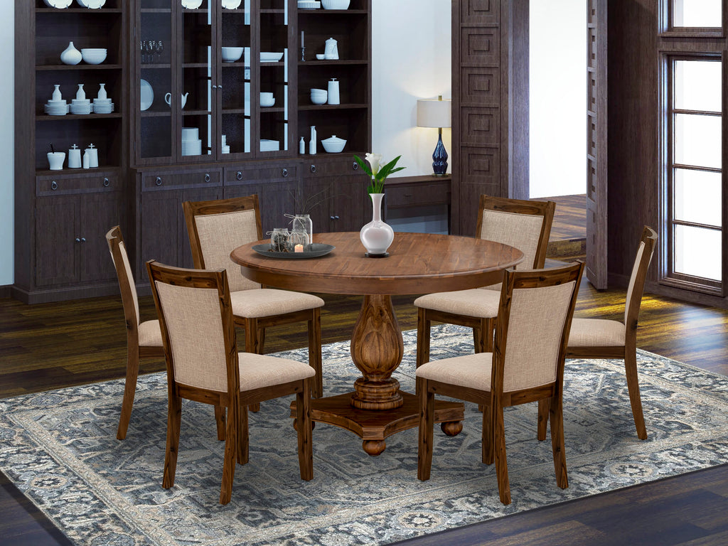 Round Dining Set - 7 Piece with Pedestal Table & 6 Upholstered Tan Chairs F2MZ7-0M0 in Antique Finish