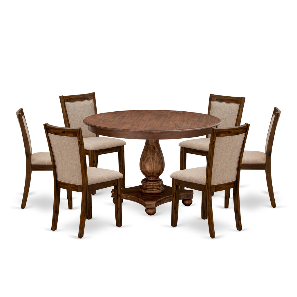Round Dining Set - 7 Piece with Pedestal Table & 6 Upholstered Tan Chairs F2MZ7-0M0 in Antique Finish