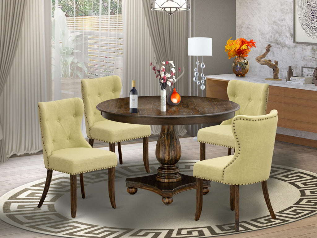 F2SI5-VPX Ensemble 5-Piece Dining Set with Round Table and 4 Green Fabric Chairs, 48” Distressed Finish