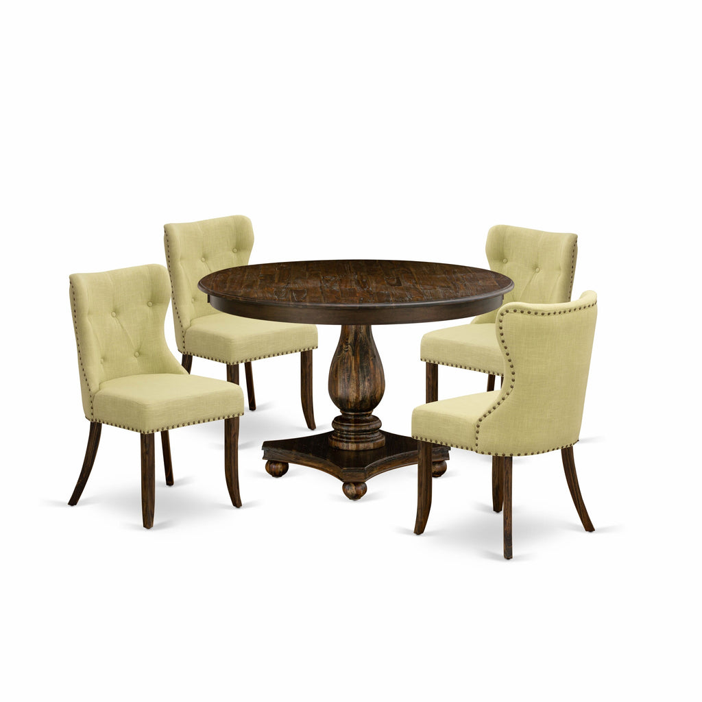 F2SI5-VPX Ensemble 5-Piece Dining Set with Round Table and 4 Green Fabric Chairs, 48” Distressed Finish