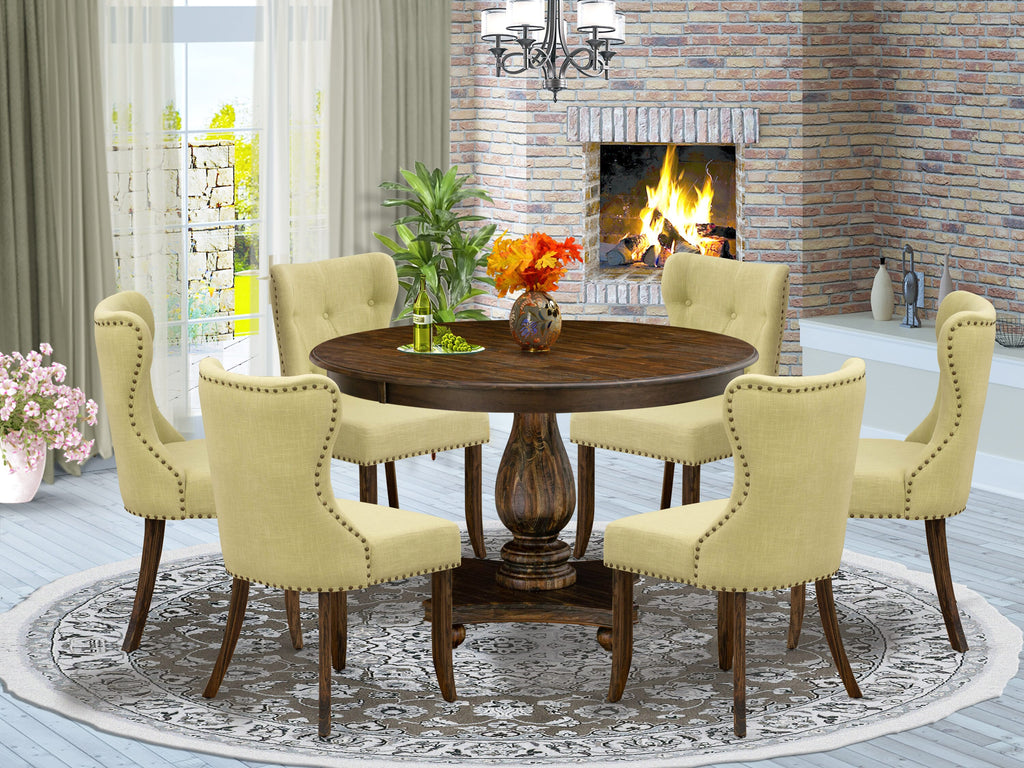 F2SI7-GXX 7-Piece Dining Ensemble Round Pedestal Table with Six Limelight Linen Upholstered Chairs in Distressed Jacobean