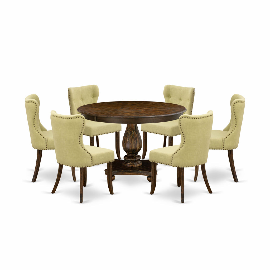F2SI7-GXX 7-Piece Dining Ensemble Round Pedestal Table with Six Limelight Linen Upholstered Chairs in Distressed Jacobean
