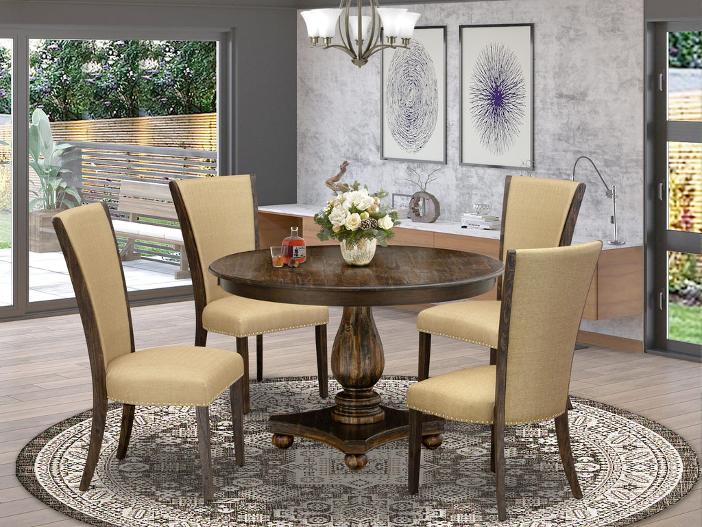 ExploreFurnish F2VE5-94S Elegant Dining Ensemble - Round Pedestal Table with Four Brown Linen Chairs, Distressed 48 Jacobean Set