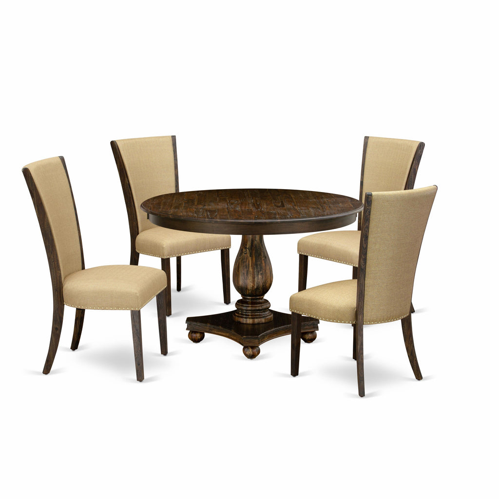 ExploreFurnish F2VE5-94S Elegant Dining Ensemble - Round Pedestal Table with Four Brown Linen Chairs, Distressed 48 Jacobean Set