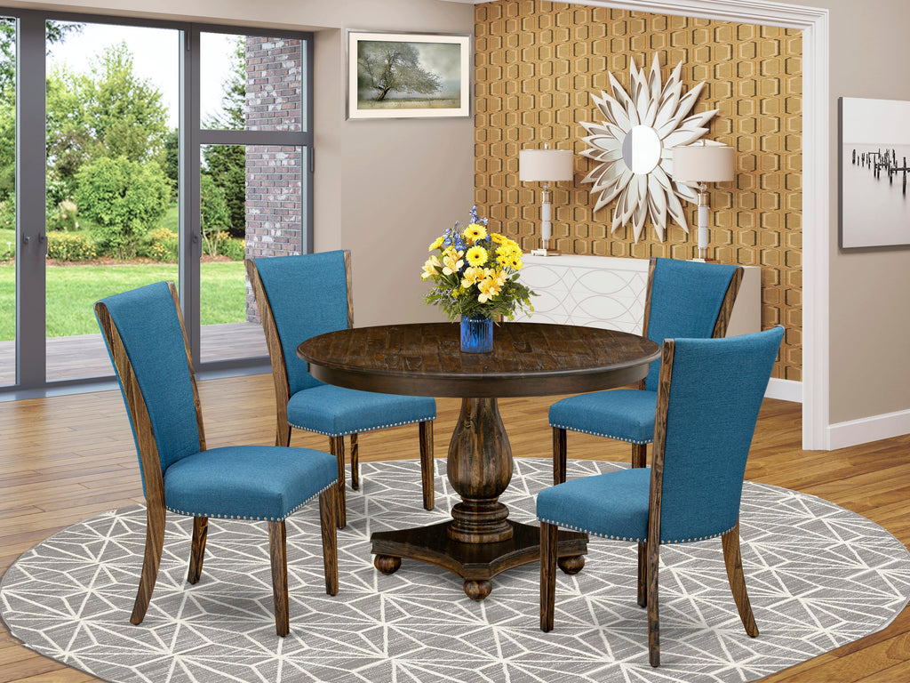 F2VE5-AH6 5-Piece Dining Ensemble Featuring Round Pedestal Table with Two-Toned Upholstered Blue Chairs, 48x48 in Rustic Jacobean Finish