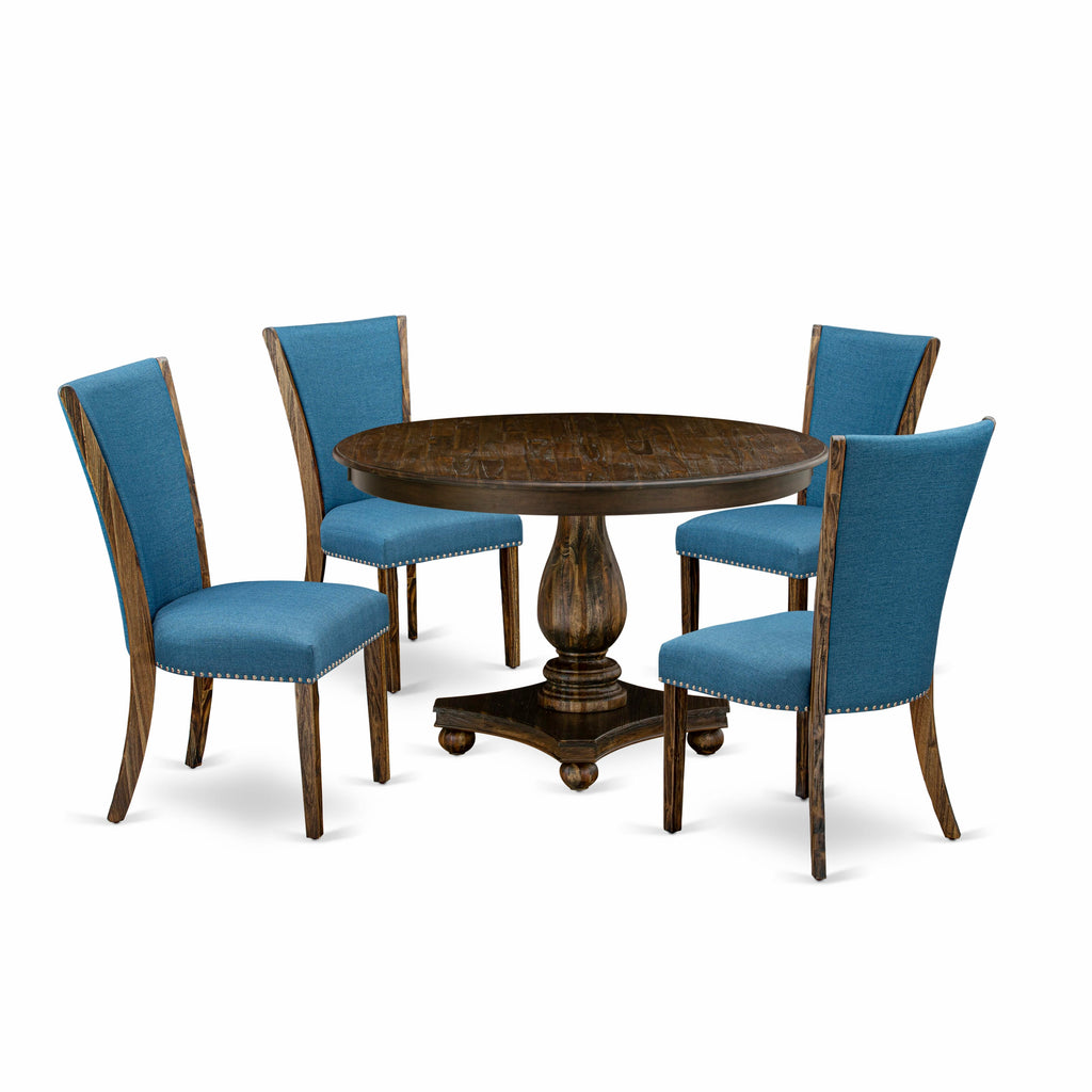 F2VE5-AH6 5-Piece Dining Ensemble Featuring Round Pedestal Table with Two-Toned Upholstered Blue Chairs, 48x48 in Rustic Jacobean Finish