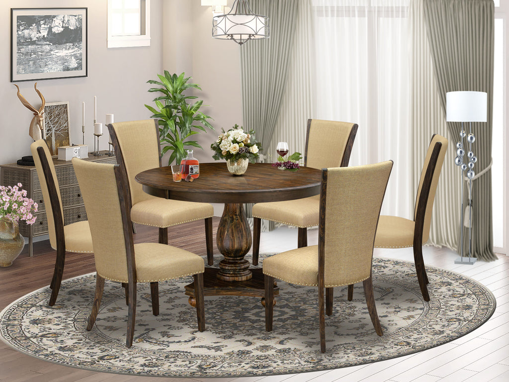 7-Piece Dining Ensemble F2VE7-XT8 Circular Table with Pedestal & 6 Brown Fabric Chairs - 48 Distressed Jacobean