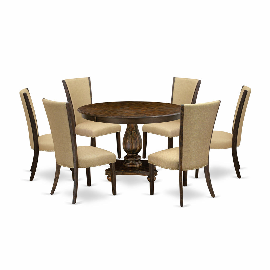 7-Piece Dining Ensemble F2VE7-XT8 Circular Table with Pedestal & 6 Brown Fabric Chairs - 48 Distressed Jacobean