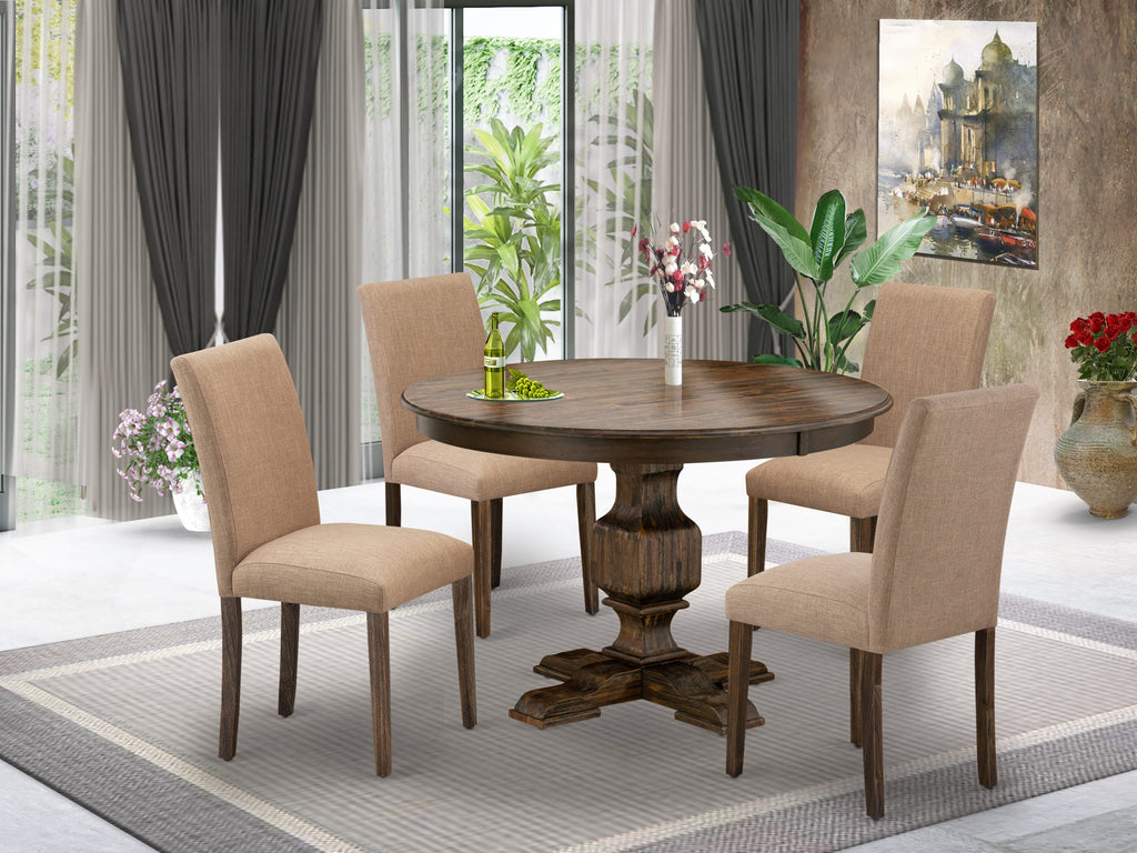 F3AB5-8NV 5 Piece Set Round Wooden Table with Pedestal & 4 Sable Upholstered Chairs, Distressed