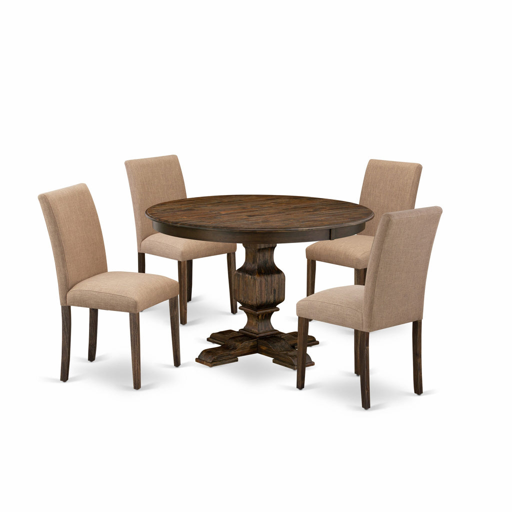 F3AB5-8NV 5 Piece Set Round Wooden Table with Pedestal & 4 Sable Upholstered Chairs, Distressed