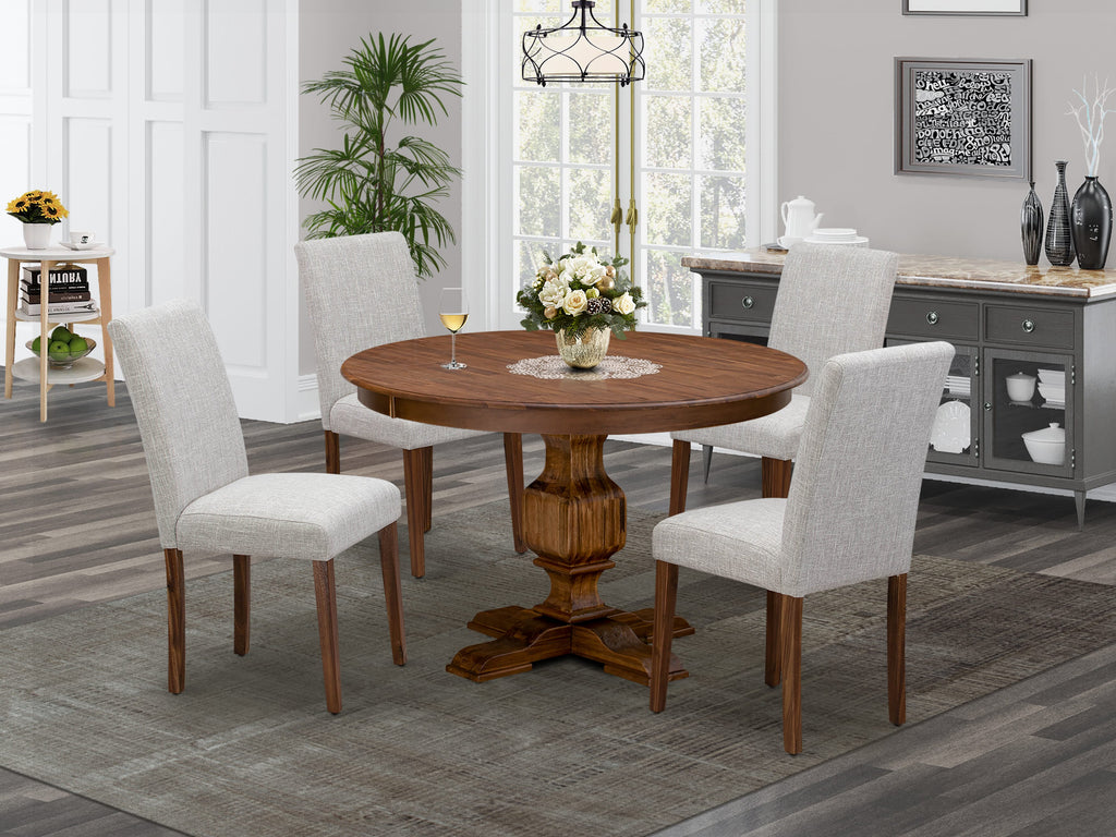 Dining Set F3AB5-2HF Curved Table with Luxe Fabric Chairs, Walnut Finish