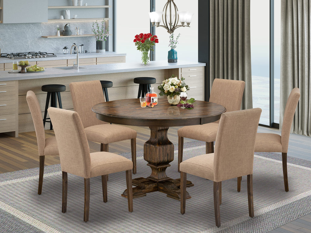 Stylish Dining Set F3AB7-8CF Featuring Round Table & 6 Elegant Linen Chairs, Distressed Finish