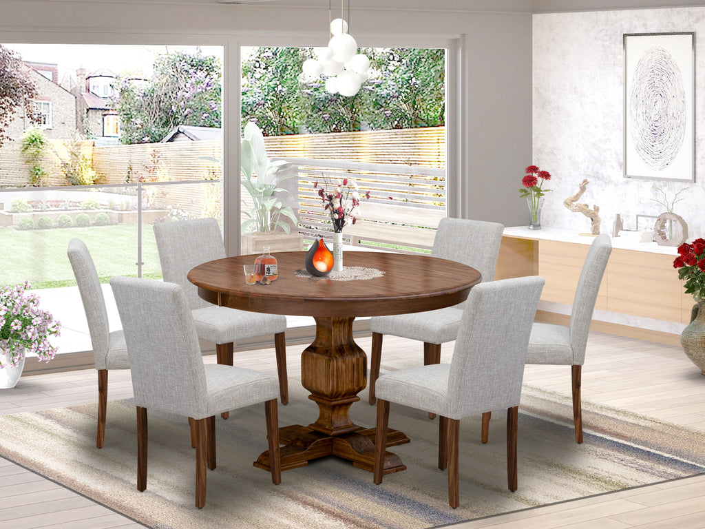 F3AB7-UO1 7-Piece Dining Ensemble with Pedestal Table and Six Doeskin Linen Chairs, 48x48 Inch Walnut