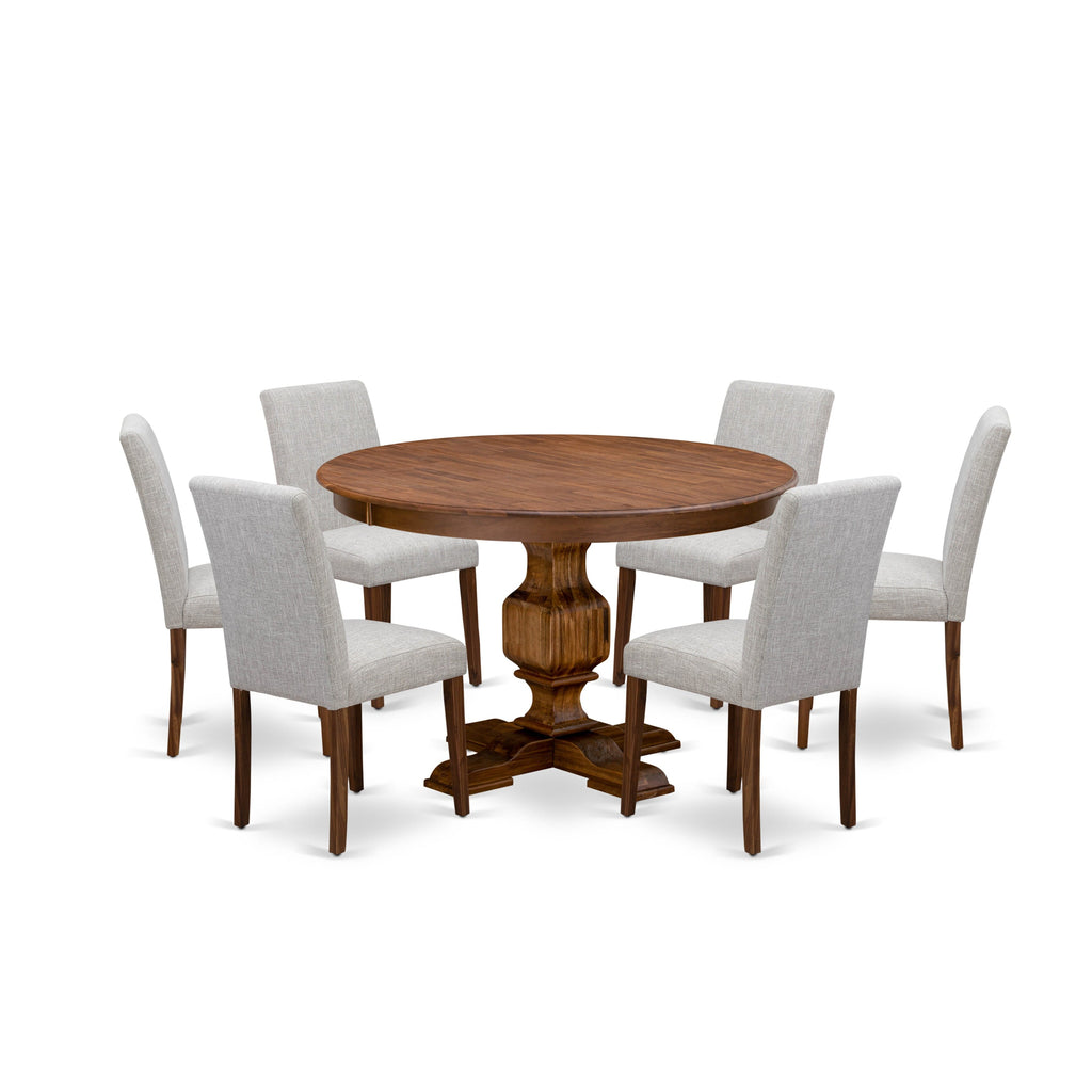 F3AB7-UO1 7-Piece Dining Ensemble with Pedestal Table and Six Doeskin Linen Chairs, 48x48 Inch Walnut