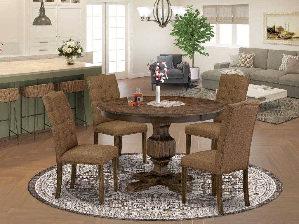 F3EL5-I1B 5-Piece Antique Jacobean Dining Set with Round Pedestal Table and Brown Linen Parsons Chairs - 48x48 Inch