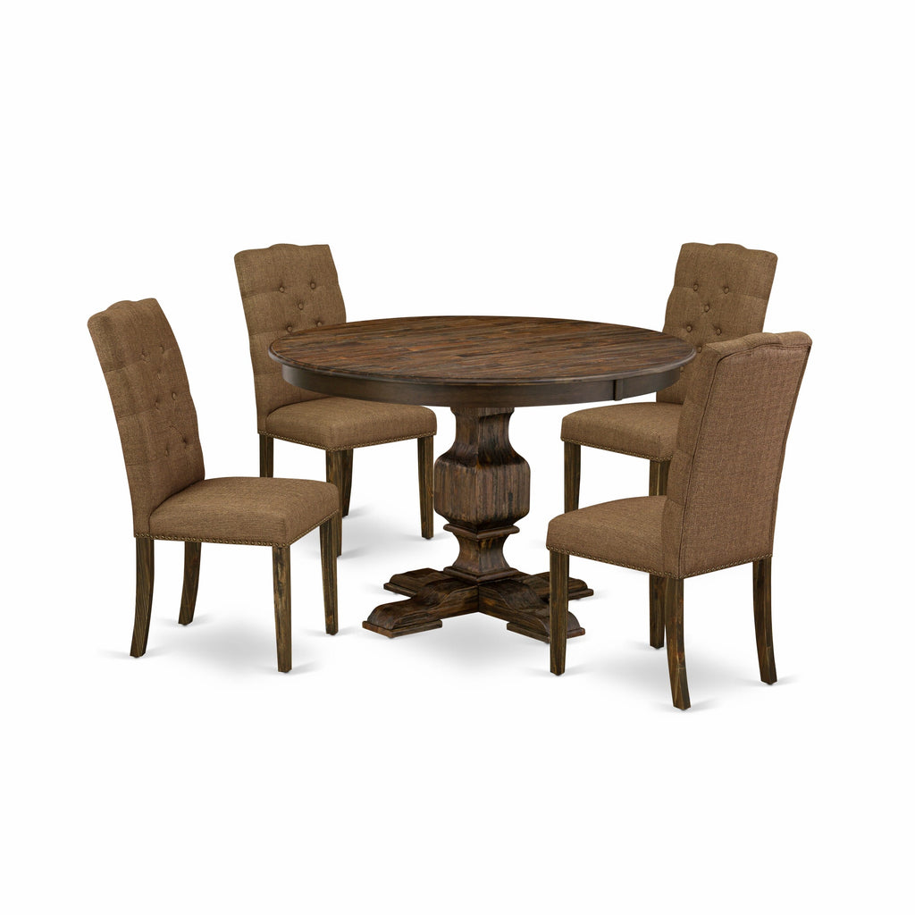 F3EL5-I1B 5-Piece Antique Jacobean Dining Set with Round Pedestal Table and Brown Linen Parsons Chairs - 48x48 Inch
