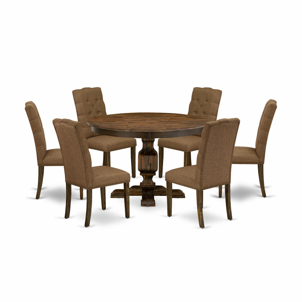 F3EL7-KCY Round Dining Collection Table with Pedestal, 6 Brown Linen Chairs, 48-Inch, Jacobean Finish
