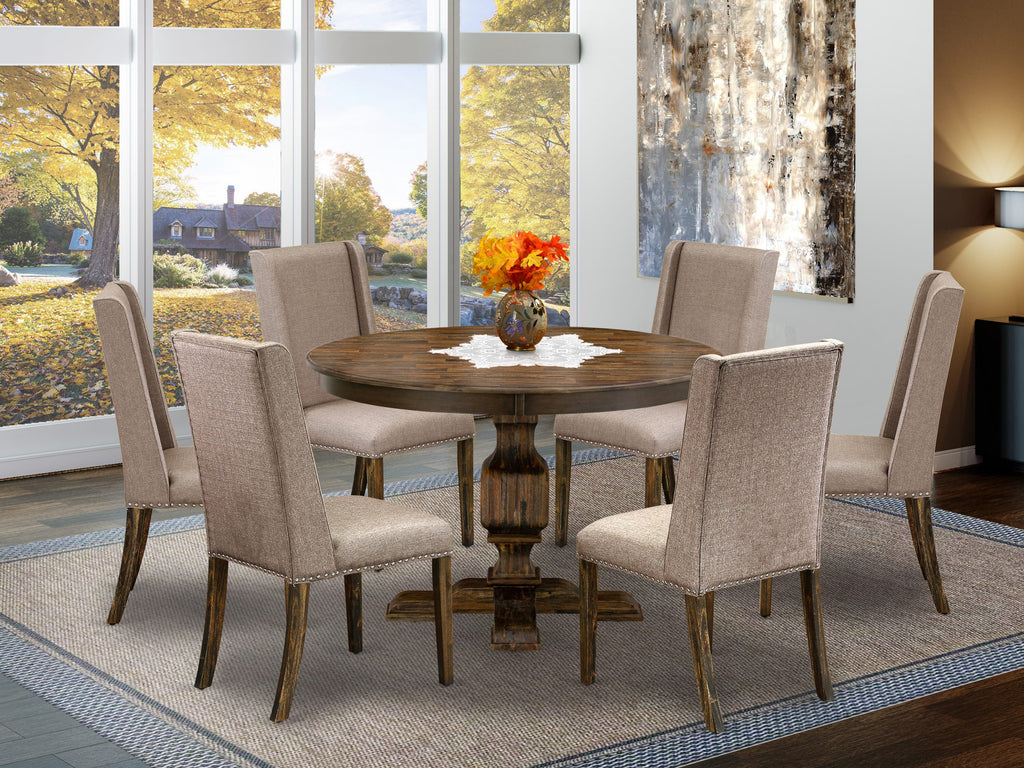 F3FL7-TJN 7-Piece Set Pedestal Dining Table & 6 Dark Khaki Fabric Chairs, 48 Distressed Jacobean