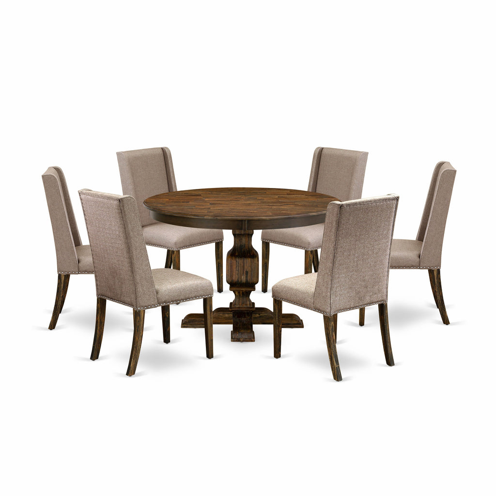 F3FL7-TJN 7-Piece Set Pedestal Dining Table & 6 Dark Khaki Fabric Chairs, 48 Distressed Jacobean