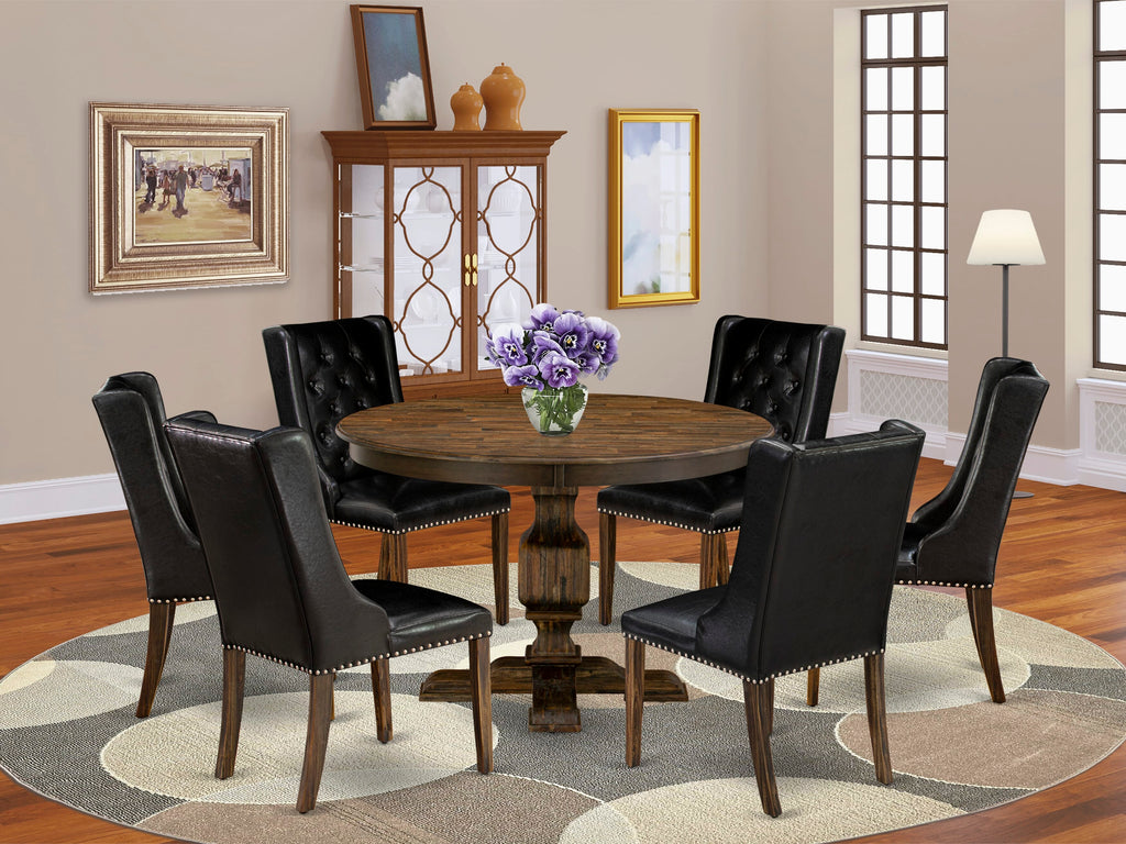F3FO7-R6Q Elegant 7-Piece Dining Set with Round Pedestal Table and 6 Upholstered Chairs, Classic Distressed Jacobean
