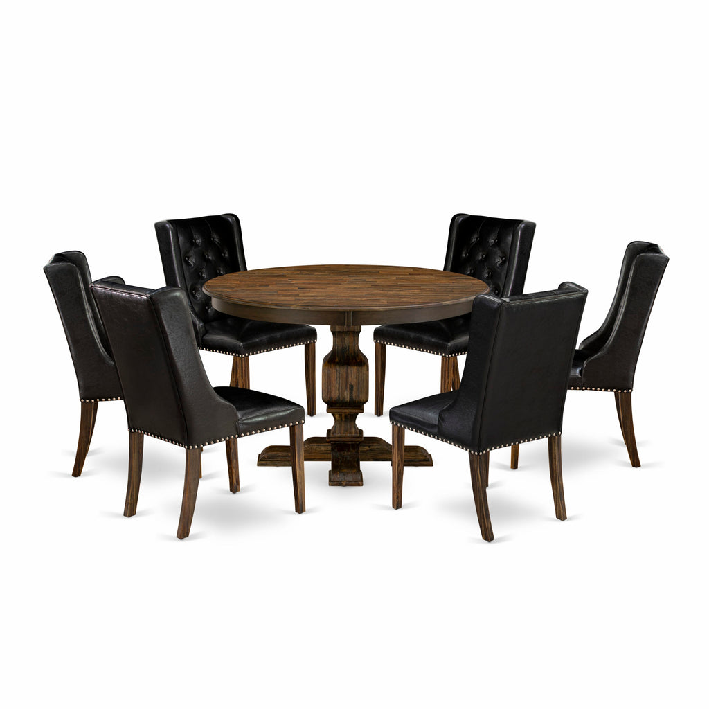 F3FO7-R6Q Elegant 7-Piece Dining Set with Round Pedestal Table and 6 Upholstered Chairs, Classic Distressed Jacobean