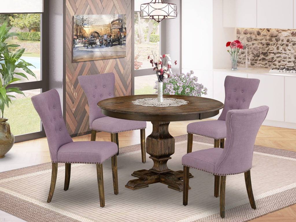 F3GA5-BVS Dining Ensemble 5-Piece Round Table with Sturdy Pedestal & 4 Dahlia Fabric Chairs, 48 Dist. Jacobean Style
