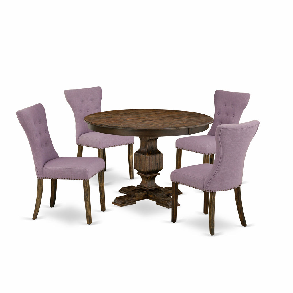 F3GA5-BVS Dining Ensemble 5-Piece Round Table with Sturdy Pedestal & 4 Dahlia Fabric Chairs, 48 Dist. Jacobean Style