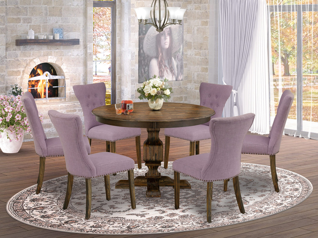 F3GA7-LXA 7 Piece Dining Set Round Table with Pedestal Base and 6 Linen Dahlia Chairs, 48 Distressed Jacobean