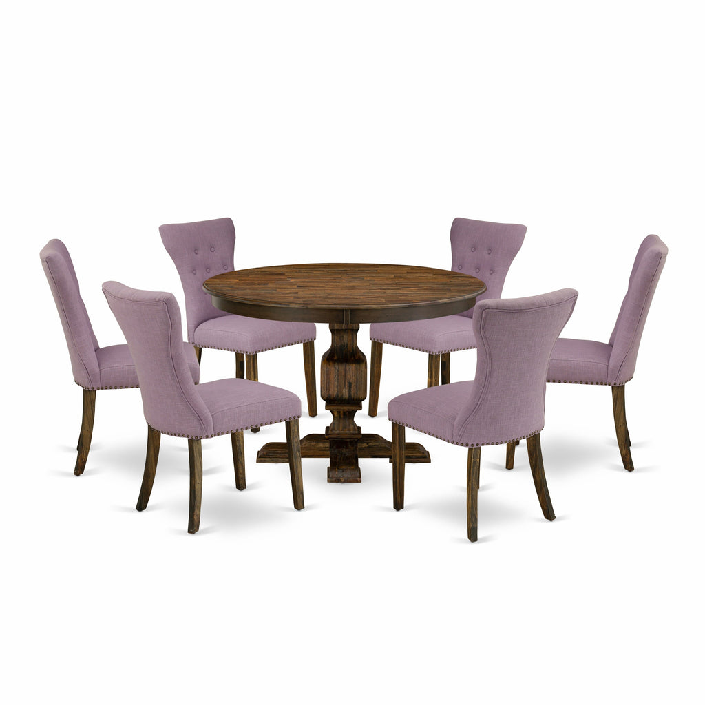 F3GA7-LXA 7 Piece Dining Set Round Table with Pedestal Base and 6 Linen Dahlia Chairs, 48 Distressed Jacobean