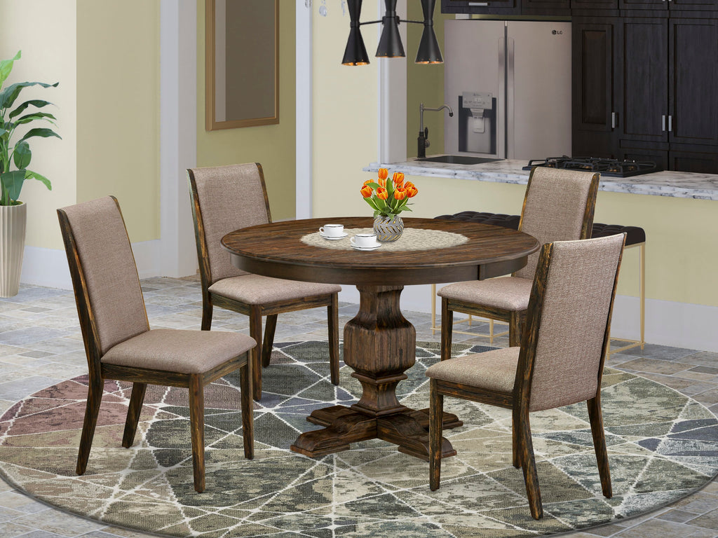 F3LA5-6X2 Elegant 5-Piece Dining Set with Pedestal Table & Dark Khaki Parson Chairs, 48x48 Distressed Jacobean