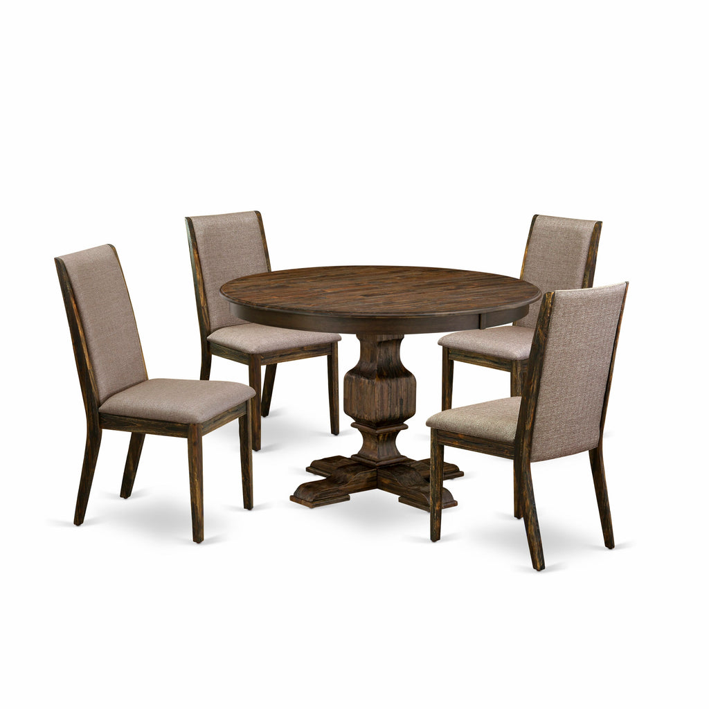 F3LA5-6X2 Elegant 5-Piece Dining Set with Pedestal Table & Dark Khaki Parson Chairs, 48x48 Distressed Jacobean