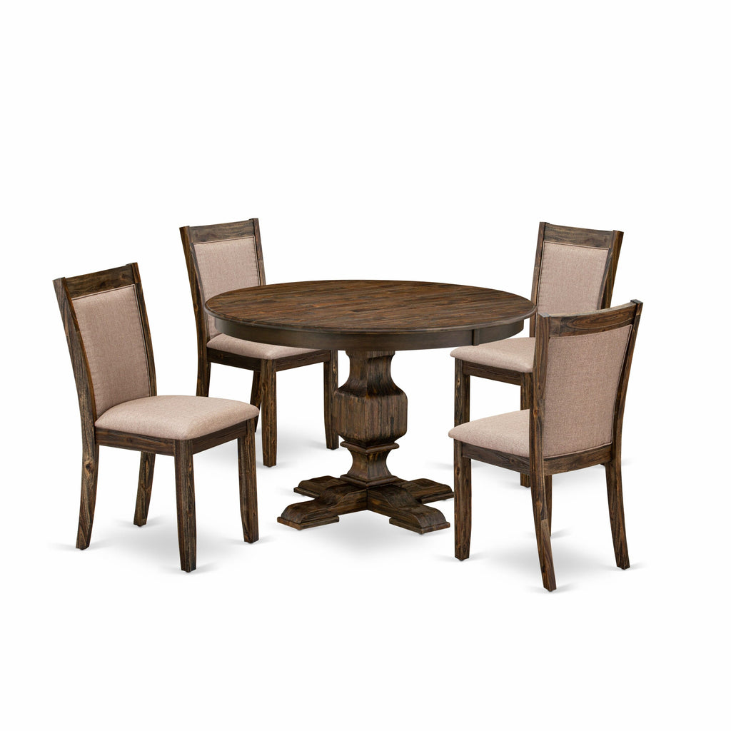 F3MZ5-E1B 5-Piece Dining Ensemble with Round Table and 4 Khaki Upholstered Chairs, 48 Distressed Jacobean