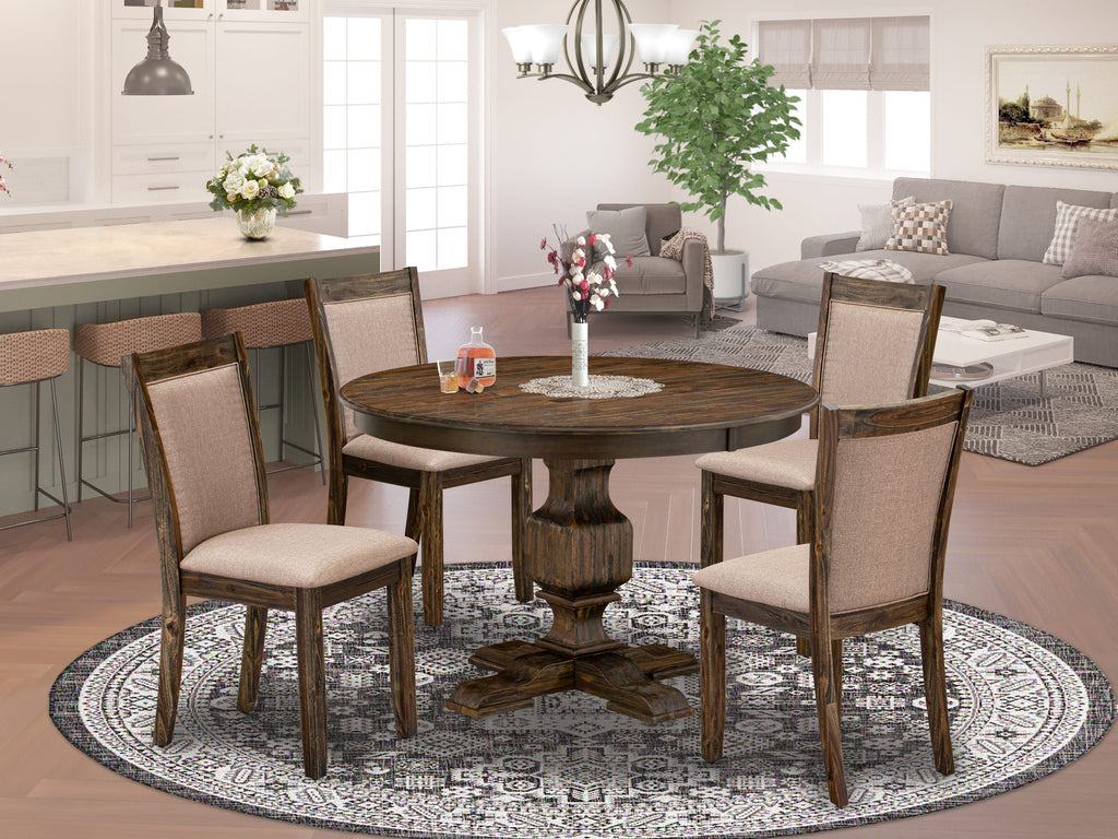 F3MZ5-E1B 5-Piece Dining Ensemble with Round Table and 4 Khaki Upholstered Chairs, 48 Distressed Jacobean