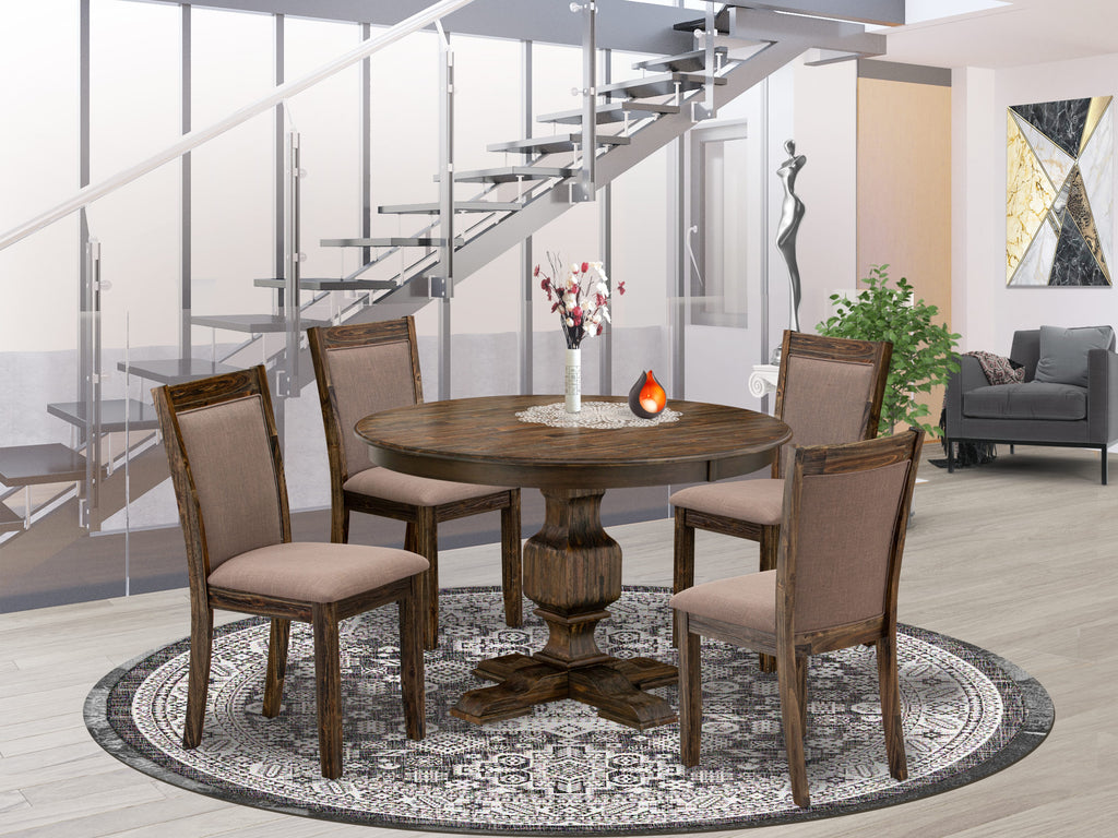 F3MZ5-27I Elegant 5-Piece Dining Set with 48 Round Table and Coffee Linen Chairs, Jacobean Finish