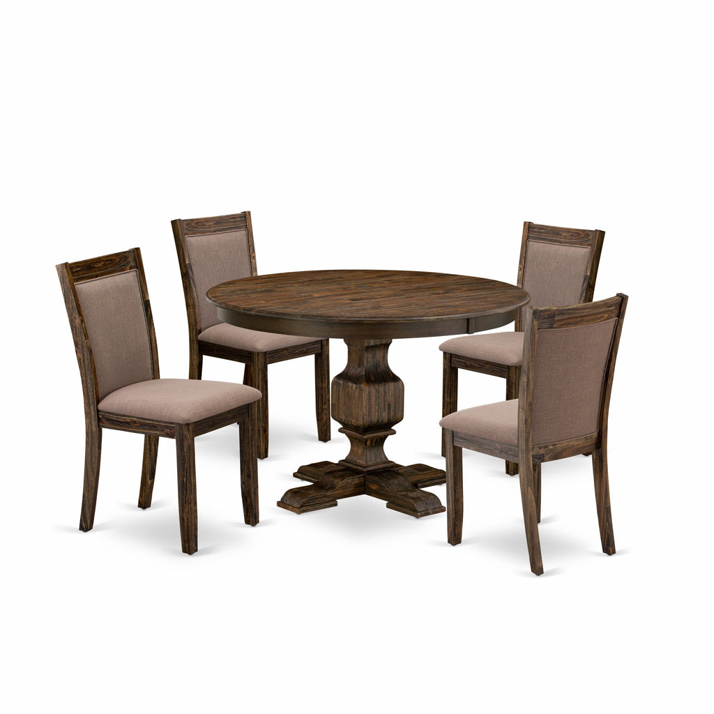 F3MZ5-27I Elegant 5-Piece Dining Set with 48 Round Table and Coffee Linen Chairs, Jacobean Finish