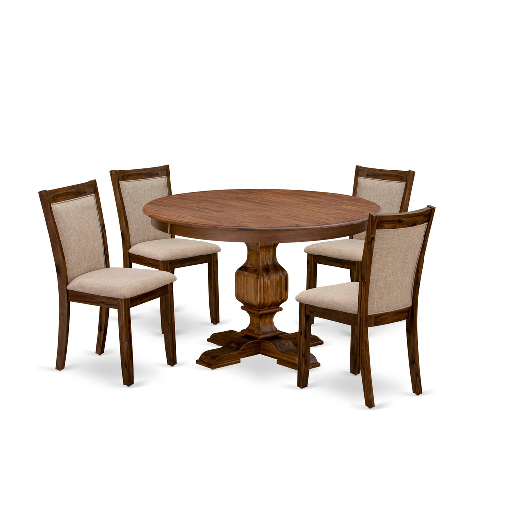 F3MZ5-IGT 5 Piece Dining Set Includes Round Table with Pedestal and 4 Linen Tan Chairs, 48 Walnut