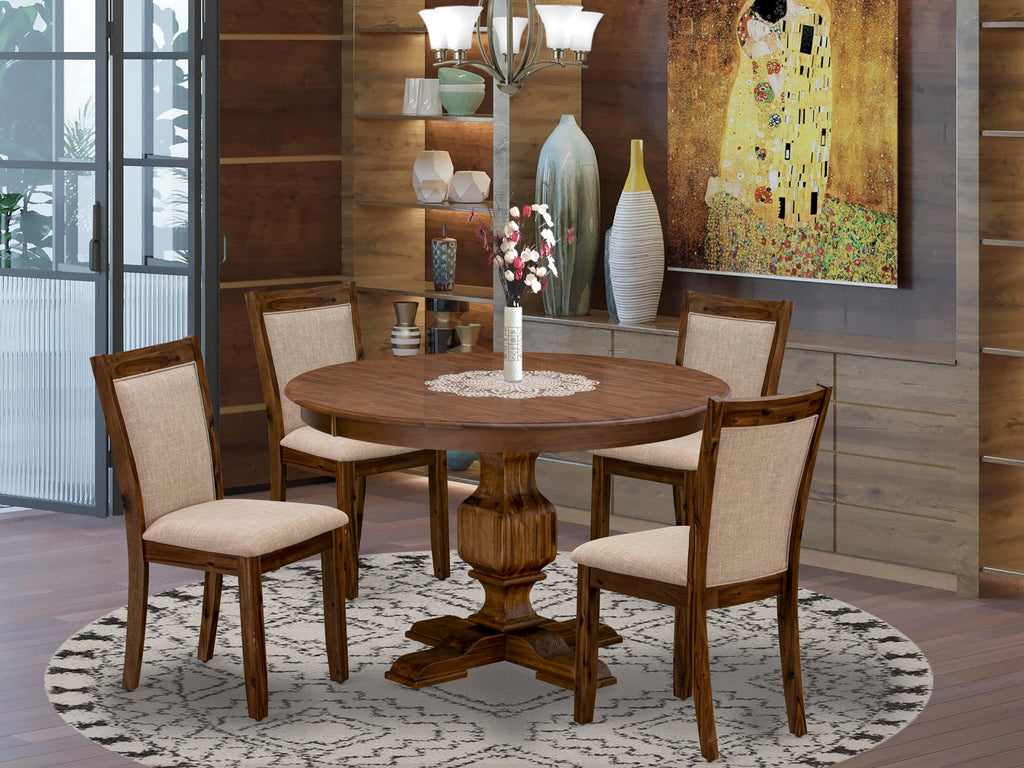 F3MZ5-IGT 5 Piece Dining Set Includes Round Table with Pedestal and 4 Linen Tan Chairs, 48 Walnut