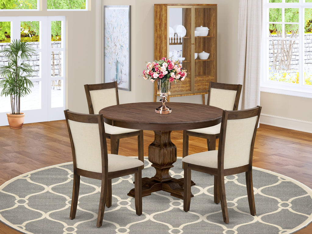 F3MZ5-51-CP 5-Piece Dining Set Round Table with Pedestal & 4 Linen Chairs, Sandblasting Antique Walnut