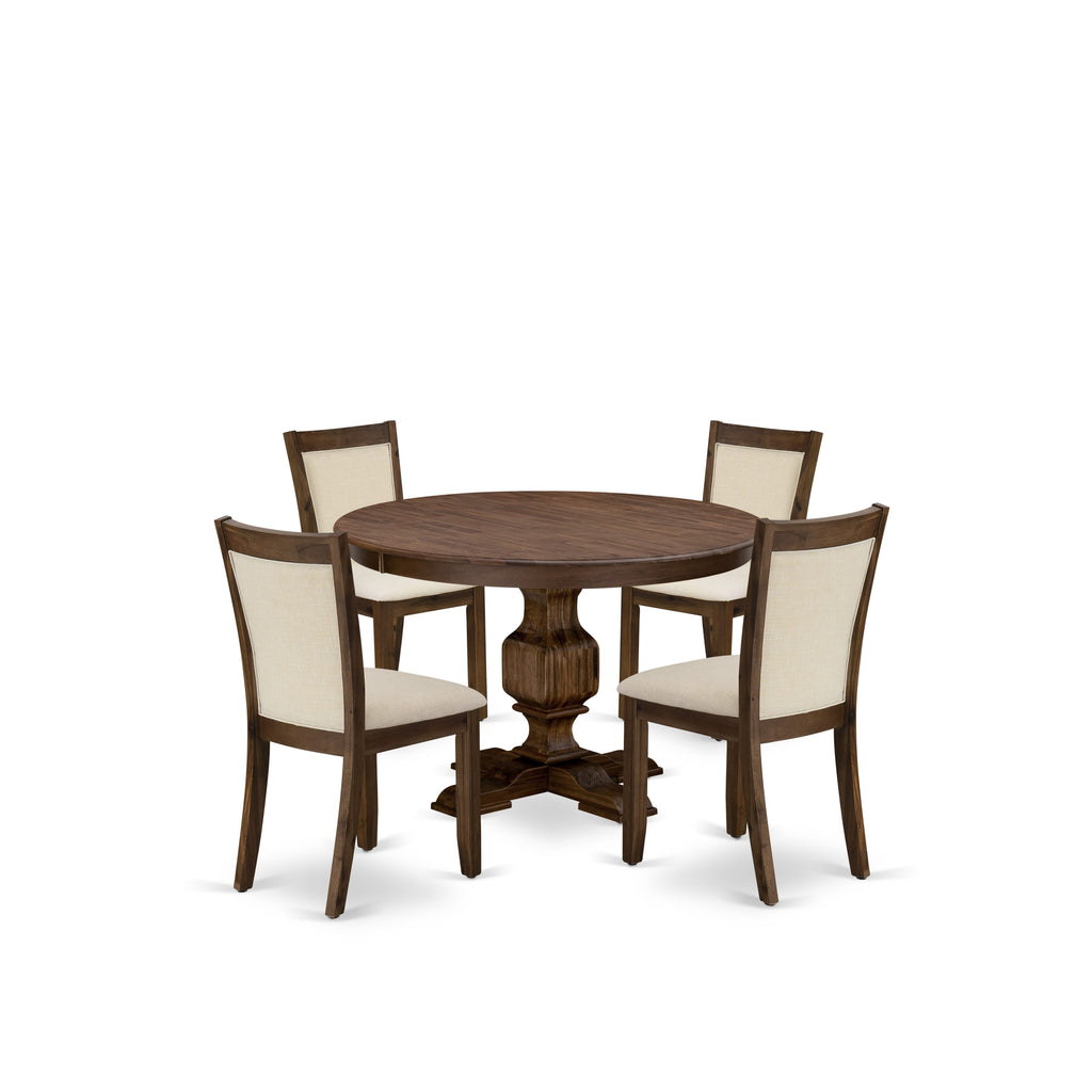 F3MZ5-51-CP 5-Piece Dining Set Round Table with Pedestal & 4 Linen Chairs, Sandblasting Antique Walnut
