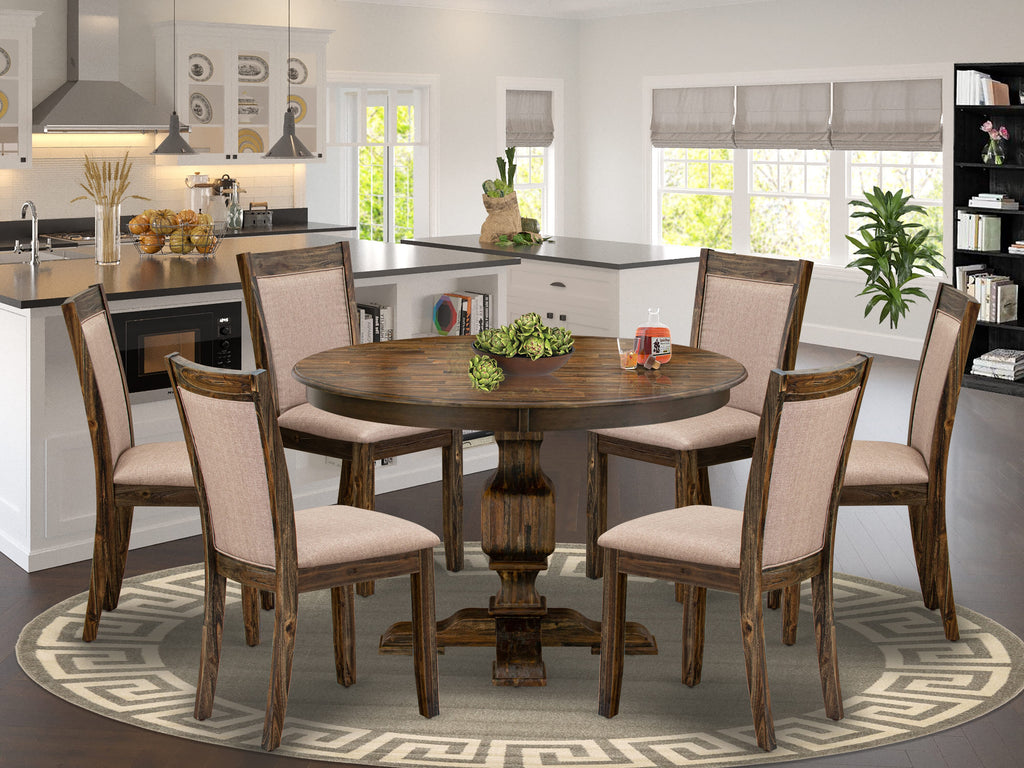 F3MZ7-DIB 7-Piece Dining Collection Circular Table & 6 Khaki Linen Parsons Chairs, Antique Finish 48”