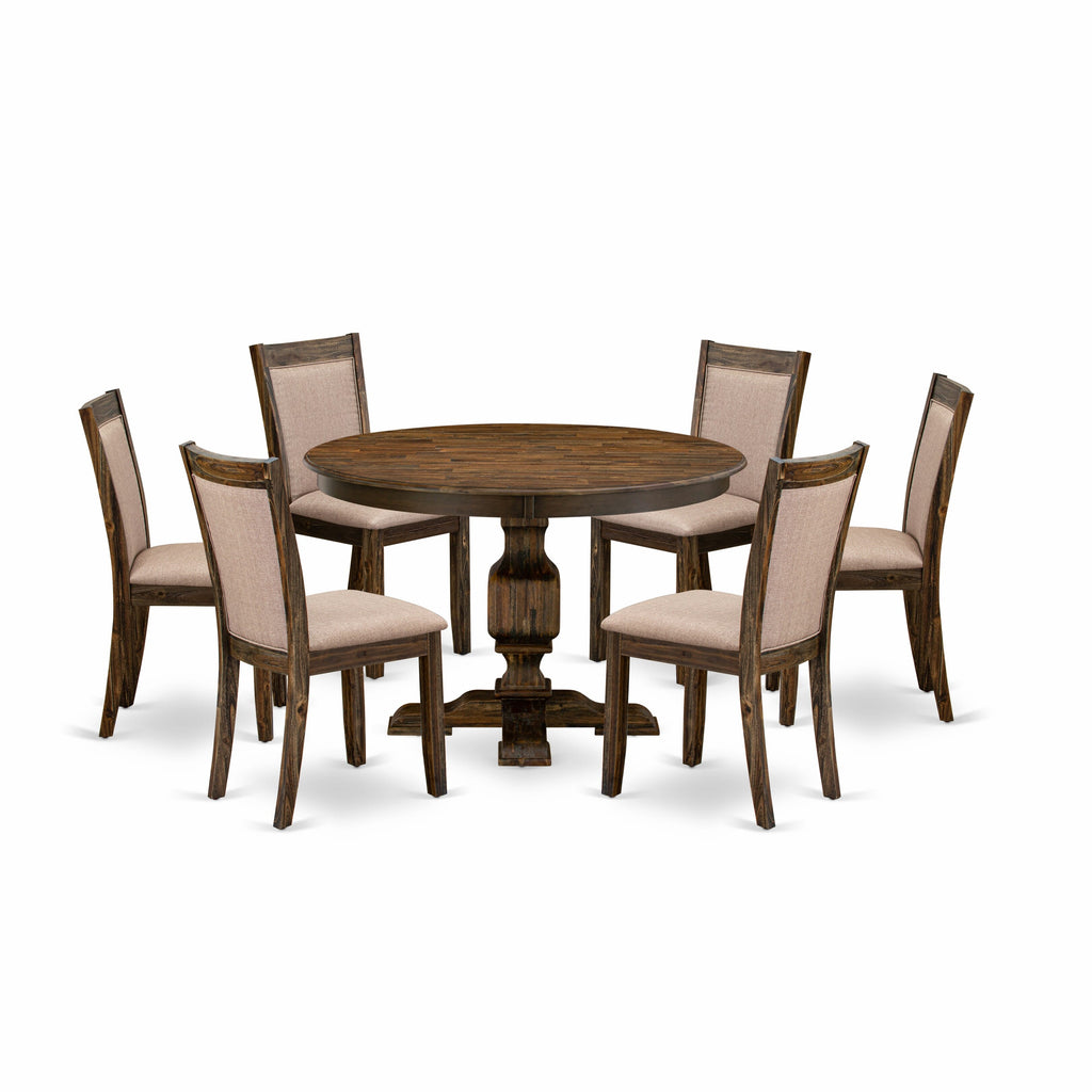 F3MZ7-DIB 7-Piece Dining Collection Circular Table & 6 Khaki Linen Parsons Chairs, Antique Finish 48”