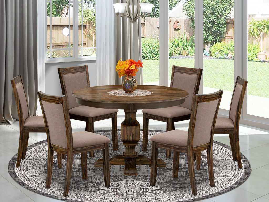 F3MZ7-6AD Elegant Dining Ensemble 7-Piece Set with Round Table & 6 Cozy Linen Chairs, Rustic Distressed Finish