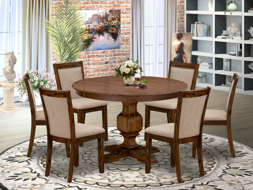 F3MZ7-KR9 7-Piece Dining Set with Round Wooden Table and Light Tan Chairs, Antique Walnut Vibe