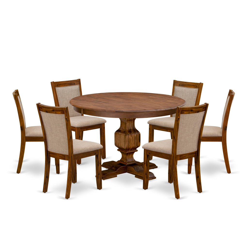 F3MZ7-KR9 7-Piece Dining Set with Round Wooden Table and Light Tan Chairs, Antique Walnut Vibe